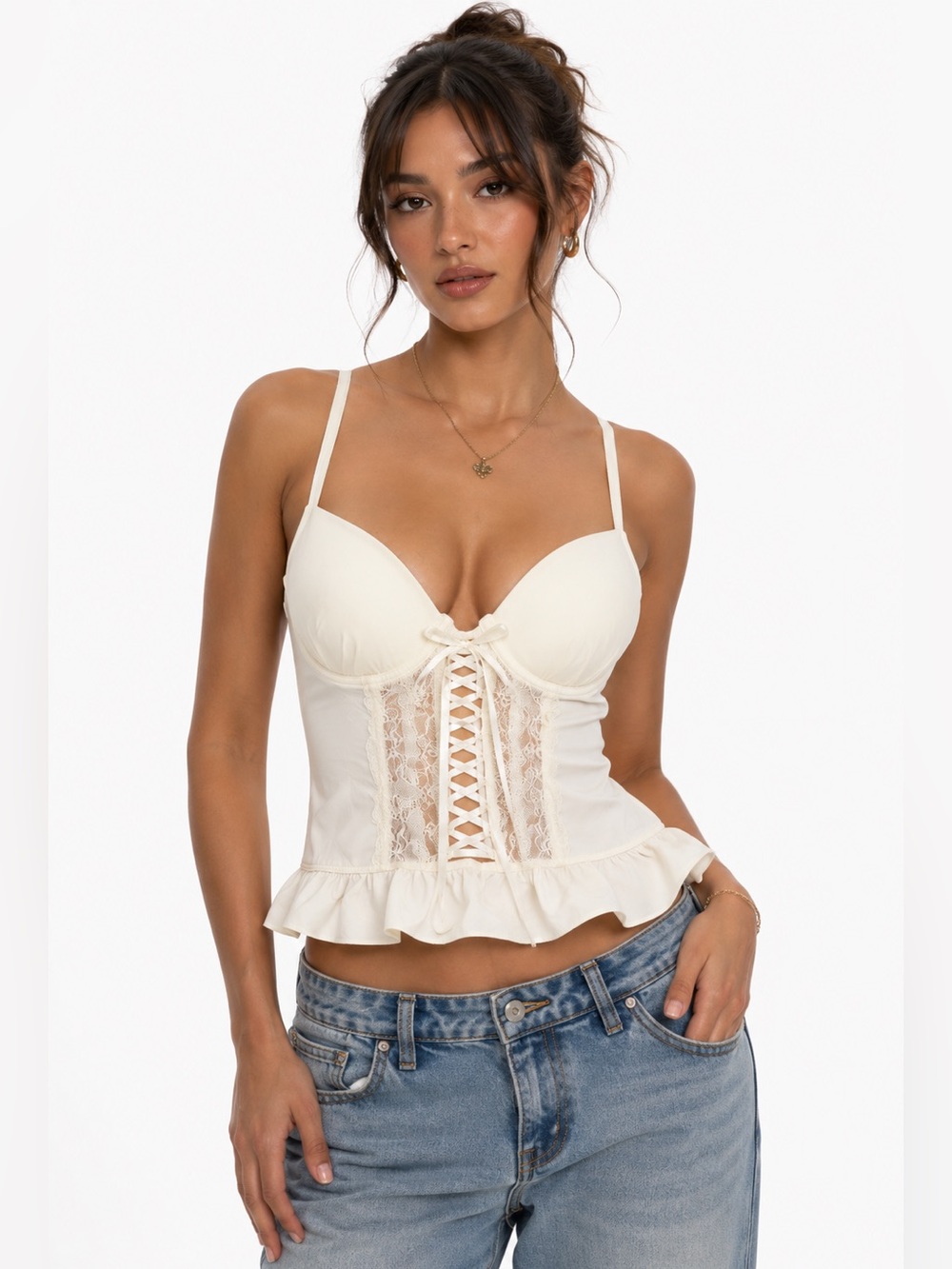 90s European Vintage Lace/Satin Lace-Up Corset Bustier Top w Ruffle Hem (Ivory)M